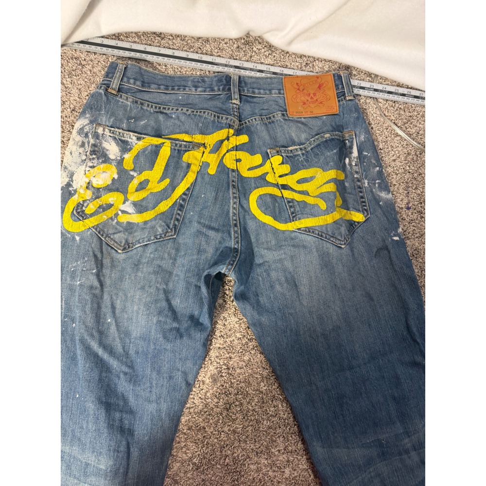 Ed Hardy Christian Audigier Jeans Mens 36x34 Y2K Paint Splatter Distressed Denim